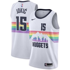 Maillot de basket-ball blanc Nikola Jokic Nuggets # 15 City 2018-19 rose 23365