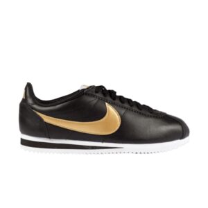 Baskets Wmns Nike Classic Cortez Cuir Noir Métallisé Or 807471 012