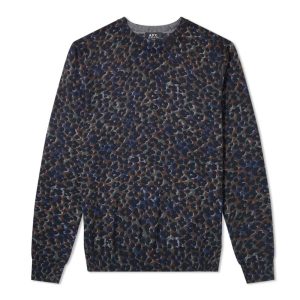 Sweat A.P.C. Pull Fauve Crewneck Imprimé Léopard Bleu Imprimé Léopard Bleu 312816