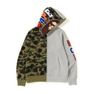 BAPE 1st Camo 2nd Ape Shark Half Full Zip Sweat à capuche Gris/Vert Orange 347889