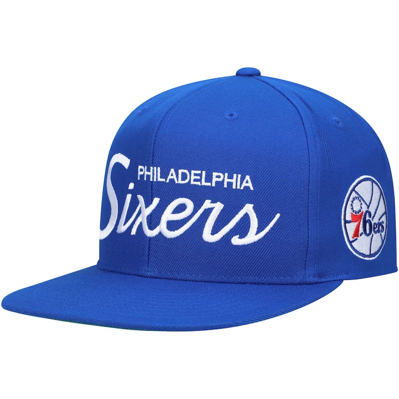 Mitchell & Ness Royal Philadelphia 76ers Hardwood Classics Vintage Script Snapback Chapeau Violet 4511184