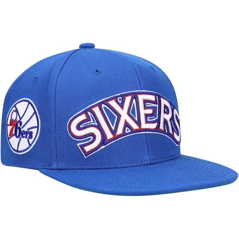 Casquette Snapback avec mot-symbole XL Mitchell & Ness Royal Philadelphia 76ers Hardwood Classics pour hommes 4586472
