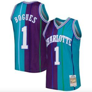 Maillot de basket 1992-93 Charlotte Hornets # 1 Muggsy Bogues Mitchell & Ness Split Sarcelle/Violet Jersey Noir 575734