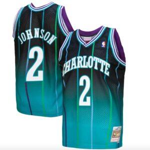 Maillot de basket-ball 1992-93 Charlotte Hornets #2 Larry Johnson Mitchell & Ness Fadeaway Sarcelle/Noir Jersey Jaune 575696