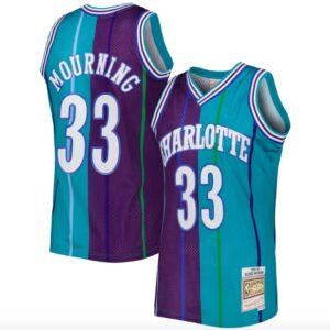 Maillot de basket-ball 1992-93 Charlotte Hornets # 33 Alonzo Mourning Hardwood Split Sarcelle / Violet Jersey 575940