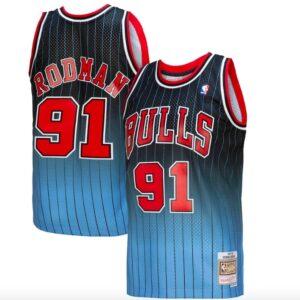 Maillot de basket-ball 1995-96 Chicago Bulls #91 Dennis Rodman Mitchell & Ness Fadeaway Noir/Bleu clair Jersey Rouge 580585