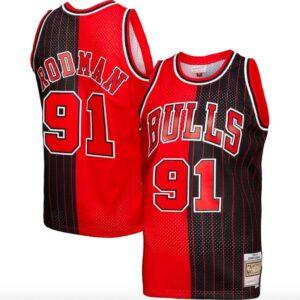 1995-96 Chicago Bulls # 91 Dennis Rodman Mitchell & Ness Split Maillot de basket-ball rouge/noir 579998
