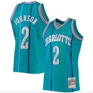 Maillot de basket-ball 1996-97 Charlotte Hornets # 2 Larry Johnson Mitchell & Ness 75e anniversaire Diamond Teal Jersey Rouge 575722