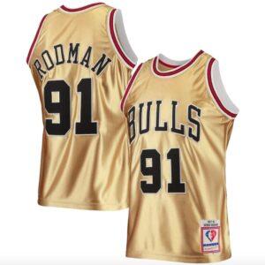 Maillot de basket-ball 1997-98 Chicago Bulls # 91 Dennis Rodman 75e anniversaire Hardwood Classics Gold Jersey 580622