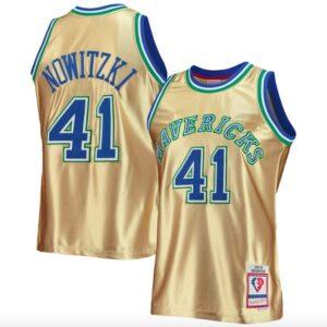 Maillot de basket-ball 1998-99 Dallas Mavericks # 41 Dirk Nowitzki Mitchell & Ness 75e anniversaire maillot d'or 585540