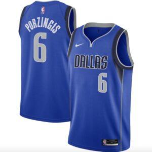 Maillot de basket-ball 2020-21 Dallas Mavericks #6 Kristaps Porzingis Nike Icon Bleu Jersey Noir 585298