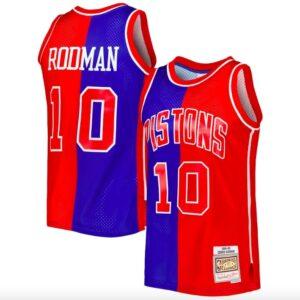 1988-89 Detroit Pistons # 10 Dennis Rodman Mitchell & Ness Split Bleu / Rouge Maillot de basket-ball Vert 590218