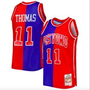 1988-89 Detroit Pistons # 11 Isiah Thomas Mitchell & Ness Split Bleu / Rouge Maillot de basket-ball 592294