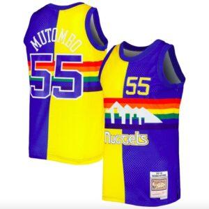 1991-92 Denver Nuggets # 55 Dikembe Mutombo Mitchell & Ness Split Royal / Gold Jersey Maillot de basket-ball 588038