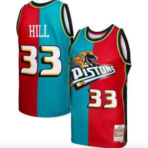 Maillot de basket-ball 1999-00 Detroit Pistons # 33 Grant Hill Mitchell & Ness Split Sarcelle/Rouge Jersey Blanc 590290