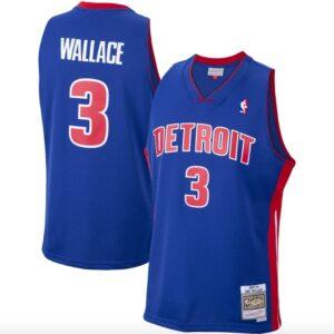 Maillot de basket-ball 2003-04 Detroit Pistons # 3 Ben Wallace Mitchell & Ness Swingman Blue Jersey Noir 590303