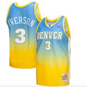 Maillot de basket-ball 2006-07 Denver Nuggets #3 Allen Iverson Mitchell & Ness Fadeaway Jaune/Bleu Jersey Blanc 590045