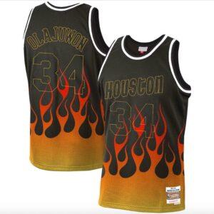 Maillot de basket-ball 1993-94 Houston Rockets # 34 Hakeem Olajuwon Mitchell & Ness Flames Maillot noir 600971