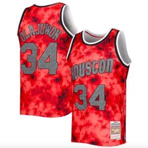 Maillot de basket-ball 1993-94 Houston Rockets # 34 Hakeem Olajuwon Mitchell & Ness Galaxy Maillot rouge blanc 599963