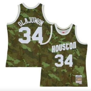 Maillot de basket 1993-94 Houston Rockets # 34 Hakeem Olajuwon Mitchell & Ness Ghost Green Camo Jersey 600931