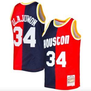 Maillot de basket 1993-94 Houston Rockets # 34 Hakeem Olajuwon Mitchell & Ness Split Navy/Rouge Jersey Noir 599883