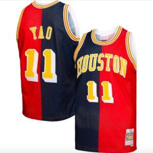 Maillot de basket 2004-05 Houston Rockets # 11 Yao Ming Mitchell & Ness Split Navy/Rouge Jersey Orange 599915