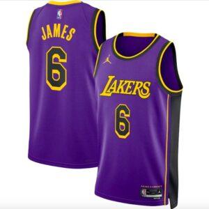 Maillot de basket-ball 2022-23 LA Lakers #6 LeBron James Swingman Statement Maillot Violet Noir 606709
