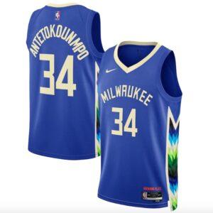 Maillot de basket-ball 2022-23 Milwaukee Bucks #34 Giannis Antetokounmpo Swingman City Royal Jersey 608194