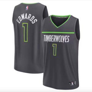 Maillot de basket-ball 2022-23 Minnesota Timberwolves #1 Anthony Edwards Fast Break Statement Maillot Anthracite Blanc 608910