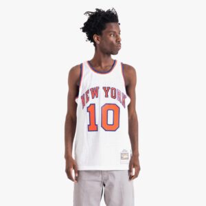 Maillot de basket-ball 1969-70 New York Knicks Walt Frazier # 10 Swingman Hardwood Classics Maillot blanc bleu 694110