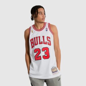 Maillot de basket-ball 1995-1996 Chicago Bulls Michael Jordan #23 Authentique Finals Hardwood Classic Blanc Jersey Bleu 693283