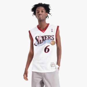 Maillot de basket-ball 2002 Philadelphia 76ers Allen Iverson # 6 Swingman All Star Game Hardwood Classics Maillot blanc bleu 694685