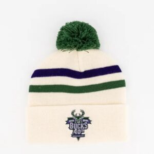 Mitchell & Ness Milwaukee Bucks Team Logo 40e anniversaire Pom Knit NBA Beanie Blanc 698523