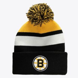 Mitchell & Ness Bonnet en tricot à revers à rayures noires des Bruins de Boston avec pompon noir 1071382