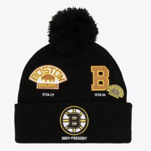 Mitchell & Ness Bonnet en tricot à revers Timeline des Bruins de Boston noir avec pompon noir 1071451