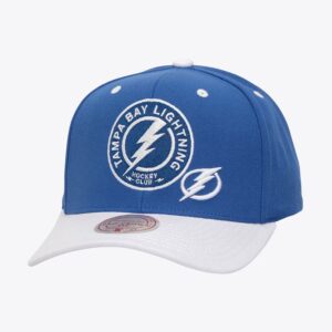 Mitchell & Ness Bleu Tampa Bay Lightning All In 2.0 Pro Crown Snapback Chapeau Blanc 928602