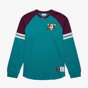 Manches longues Mitchell & Ness Teal Anaheim Ducks Vintage Logo Thermal Henley Top Rose 1297047
