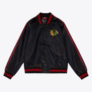 Bomber Jacket Mitchell & Ness Femme Noir Chicago Blackhawks Raglan Satin Full-Snap Jacket Noir 1376904