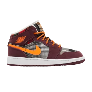 Air Jordan 1 Mid SE GS 'Plaid' Night Burgundy/Noir/Blanc/Total Orange FD5460 608