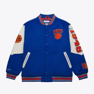 Bomber Mitchell & Ness Bleu New York Knicks Team History Vintage Logo Full-Snap Varsity Jacket Bleu 1591967