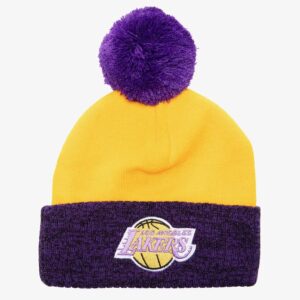Mitchell & Ness Gold Purple Los Angeles Lakers Hardwood Classics Bonnet en tricot à revers bicolore avec pompon jaune 1593530