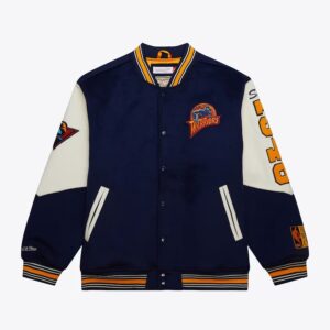 Bomber Mitchell & Ness Navy Golden State Warriors Team History Vintage Logo Full-Snap Varsity Jacket Bleu 1591937